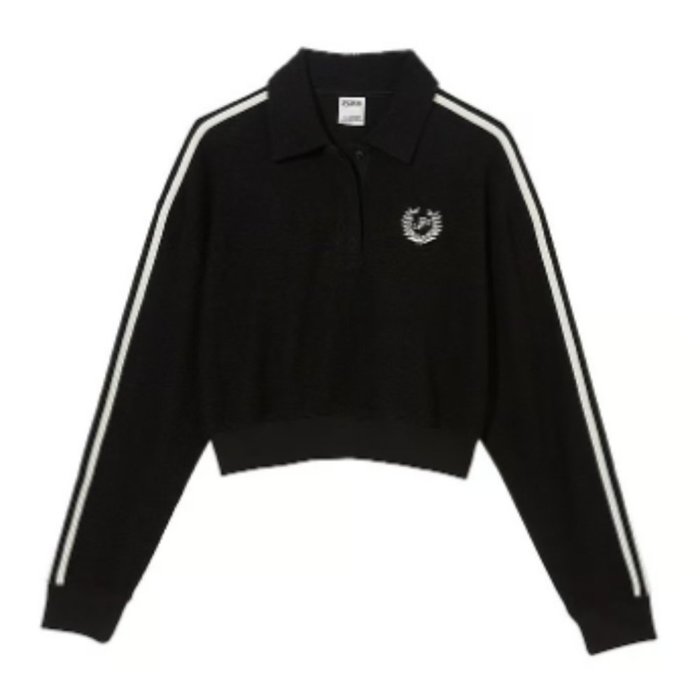 Victoria's Secret PINK REVERSE FLEECE CROPPED POLO SWEATSHIRT - Black - Large